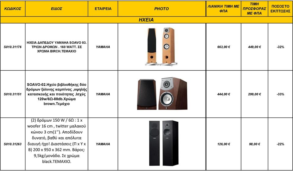 εμάχιο YAMAHA 444,00 299,00-33% S010.31263 (2) δρόμων 150 W / 6Ω : 1 x woofer 16 cm, twitter μαλακού κώνου 3 cm(1 ).