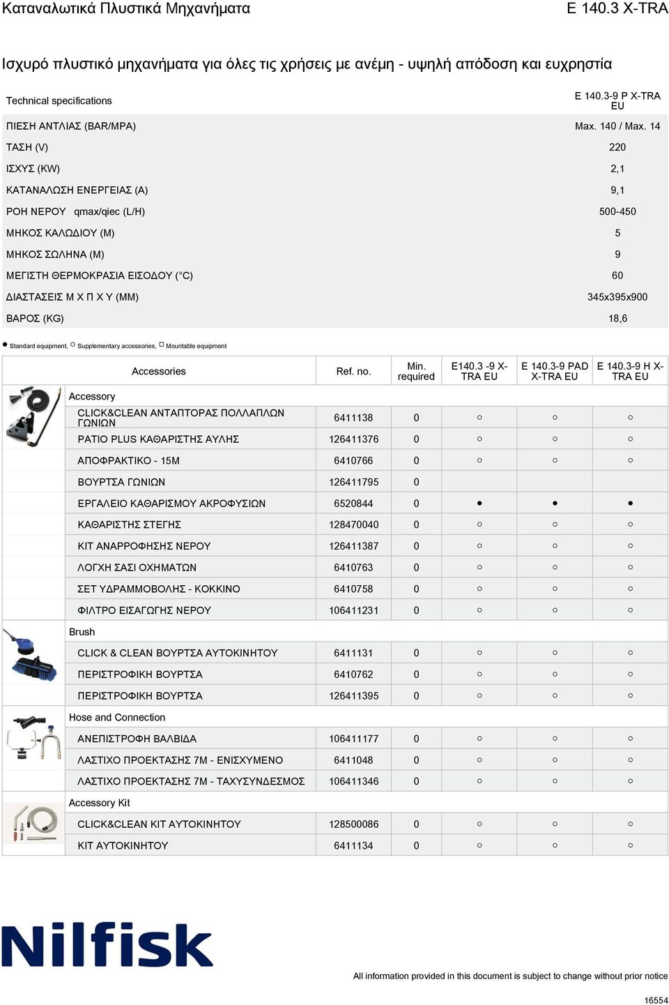 345x395x900 ΒΑΡΟΣ (KG) 18,6 Standard equipment, Supplementary accessories, Mountable equipment E140.3-9 X- E 140.3-9 PAD X- E 140.