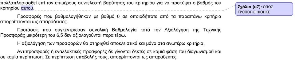 Προτάσεις που συγκέντρωσαν συνολική Βαθµολογία κατά την Αξιολόγηση της Τεχνικής Προσφοράς µικρότερη του 6,5 δεν αξιολογούνται περαιτέρω.