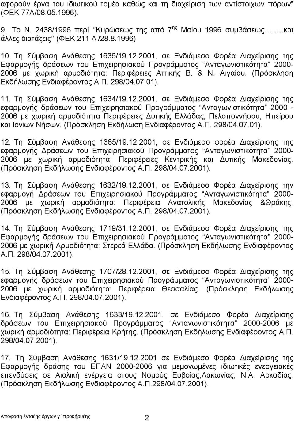 2001, σε Ενδιάμεσο Φορέα Διαχείρισης της Εφαρμογής δράσεων του Επιχειρησιακού Προγράμματος Ανταγωνιστικότητα 2000-2006 με χωρική αρμοδιότητα: Περιφέρειες Αττικής Β. & Ν. Αιγαίου.