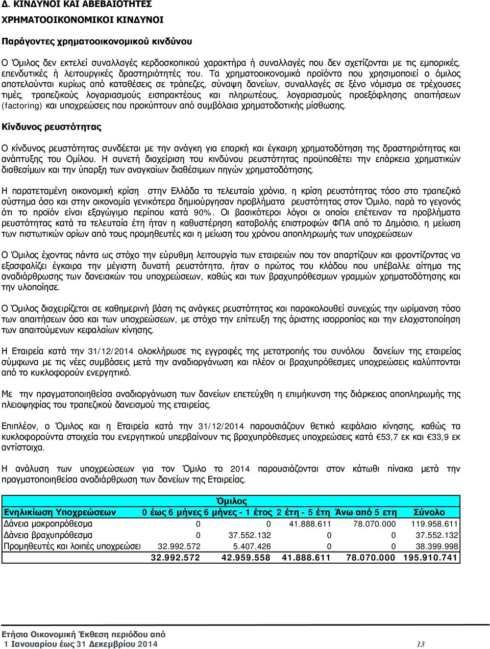 Τα χρηματοοικονομικά προϊόντα που χρησιμοποιεί ο όμιλος αποτελούνται κυρίως από καταθέσεις σε τράπεζες, σύναψη δανείων, συναλλαγές σε ξένο νόμισμα σε τρέχουσες τιμές, τραπεζικούς λογαριασμούς