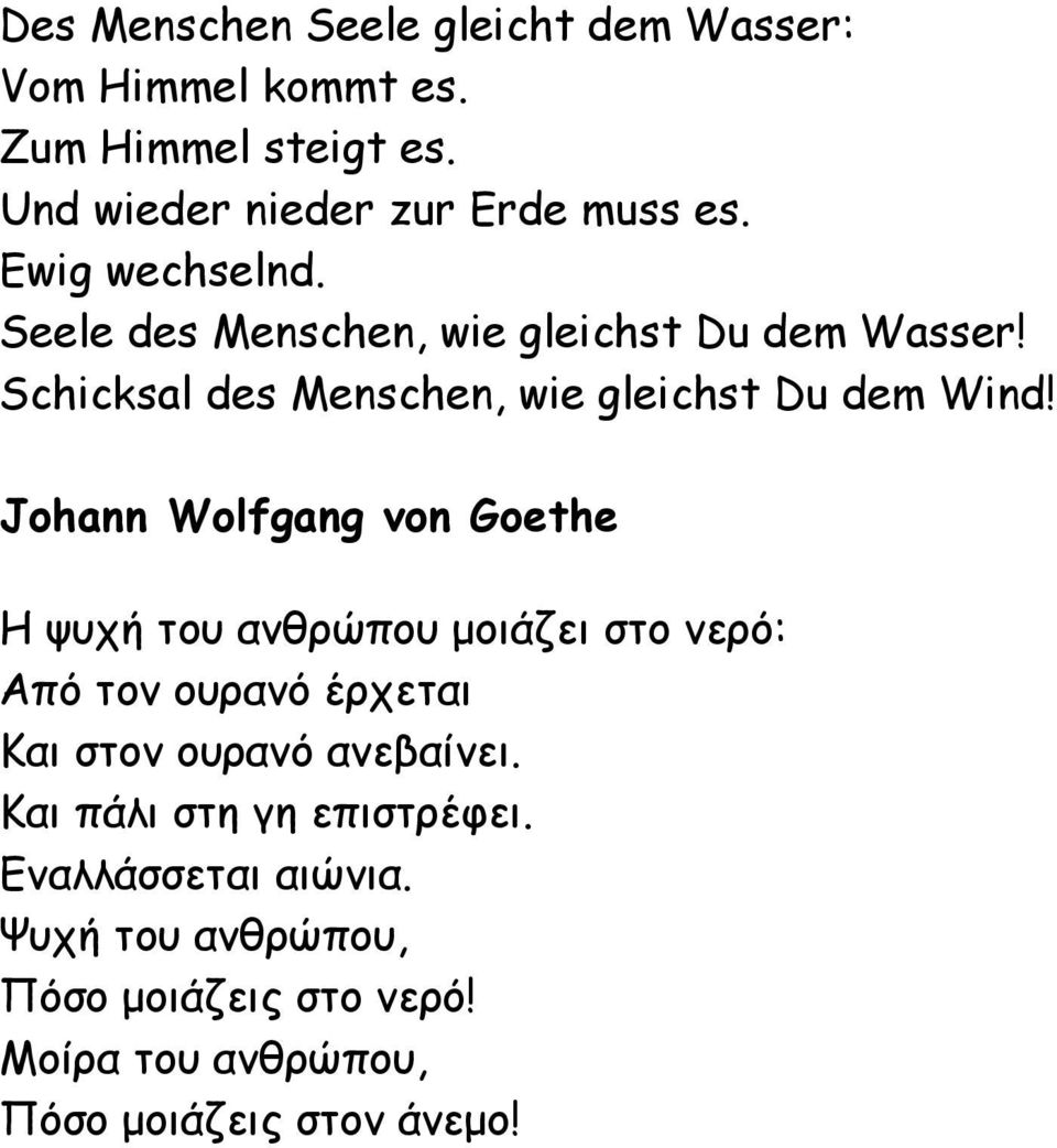 Johann Wolfgang von Goethe Η ψυχή του ανθρώπου µοιάζει στο νερό: Από τον ουρανό έρχεται Και στον ουρανό ανεβαίνει.