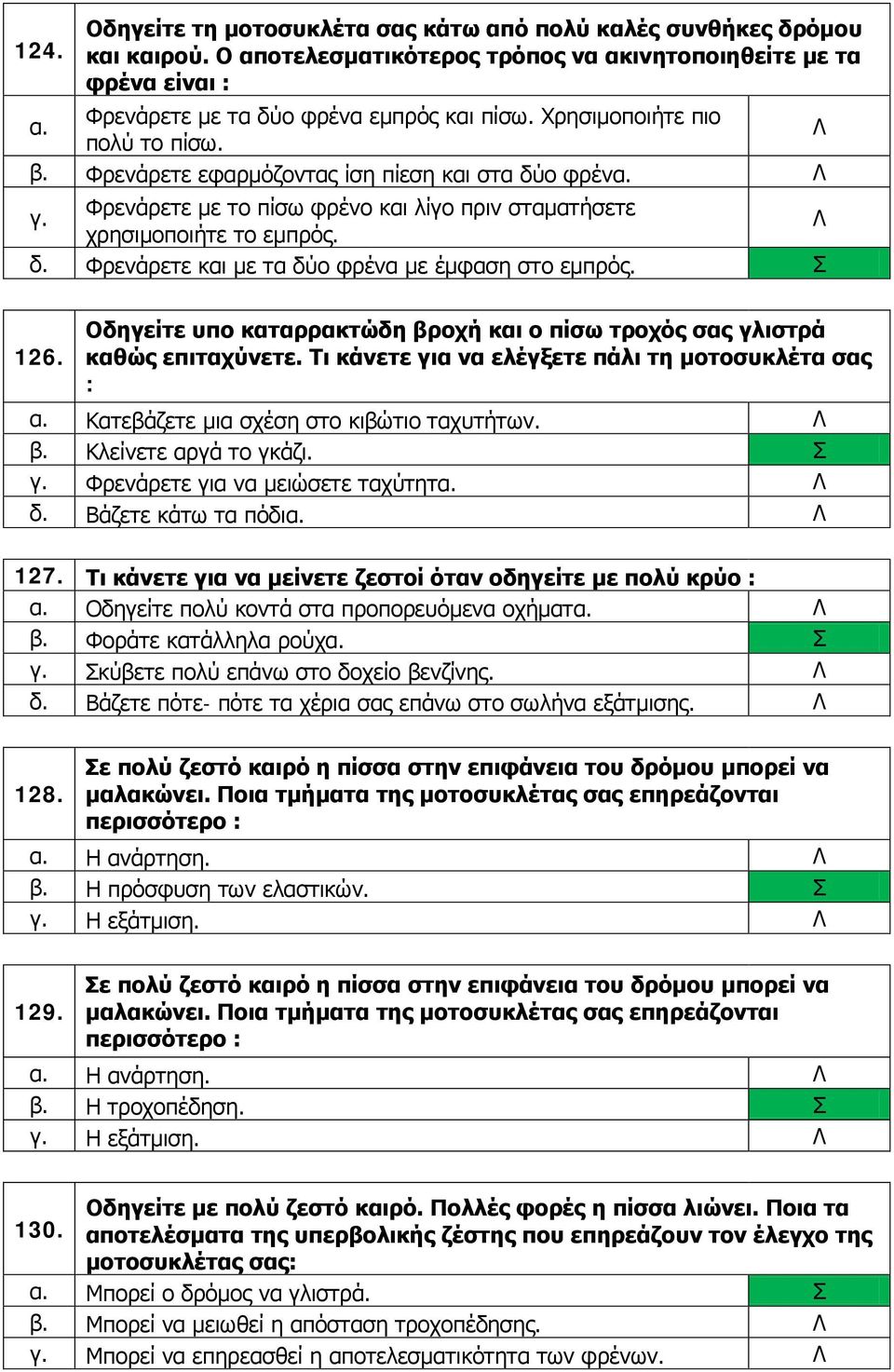 Οδηγείτε υπο καταρρακτώδη βροχή και ο πίσω τροχός σας γλιστρά 126. καθώς επιταχύνετε. Τι κάνετε για να ελέγξετε πάλι τη μοτοσυκλέτα σας : Κατεβάζετε μια σχέση στο κιβώτιο ταχυτήτων.