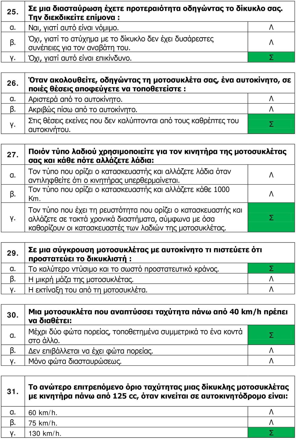 Όταν ακολουθείτε, οδηγώντας τη μοτοσυκλέτα σας, ένα αυτοκίνητο, σε ποιές θέσεις αποφεύγετε να τοποθετείστε : Αριστερά από το αυτοκίνητο. Ακριβώς πίσω από το αυτοκίνητο.