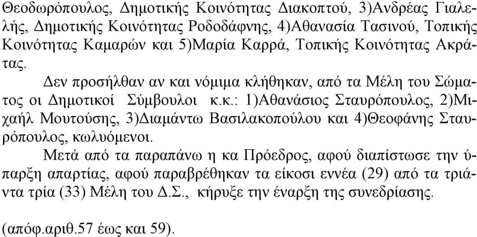 Μετά από τα παραπάνω η κα Πρόεδρος, αφού διαπίστωσε την ύ- παρξη απαρτίας, αφού παραβρέθηκαν τα είκοσι εννέα (29) από τα τριάντα τρία (33) Μέλη του Δ.Σ.