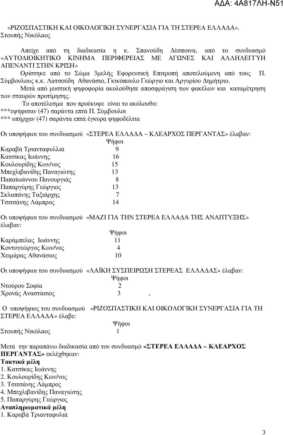 Σύµβουλους κ.κ. Λατσούδη Αθανάσιο, Γκικόπουλο Γεώργιο και Αργυρίου ηµήτριο. Μετά από µυστική ψηφοφορία ακολούθησε αποσφράγιση των φακέλων και καταµέτρηση των σταυρών προτίµησης.