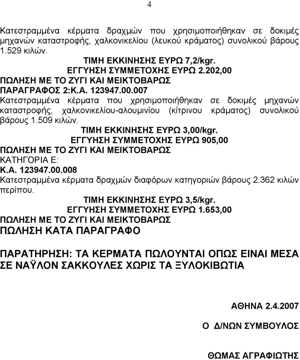 509 κιλών. ΤΙΜΗ ΕΚΚΙΝΗΣΗΣ ΕΥΡΩ 3,00/kgr. ΕΓΓΥΗΣΗ ΣΥΜΜΕΤΟΧΗΣ ΕΥΡΩ 905,00 ΚΑΤΗΓΟΡΙΑ Ε: Κ.Α. 123947.00.008 Κατεστραµµένα κέρµατα δραχµών διαφόρων κατηγοριών βάρους 2.362 κιλών περίπου.