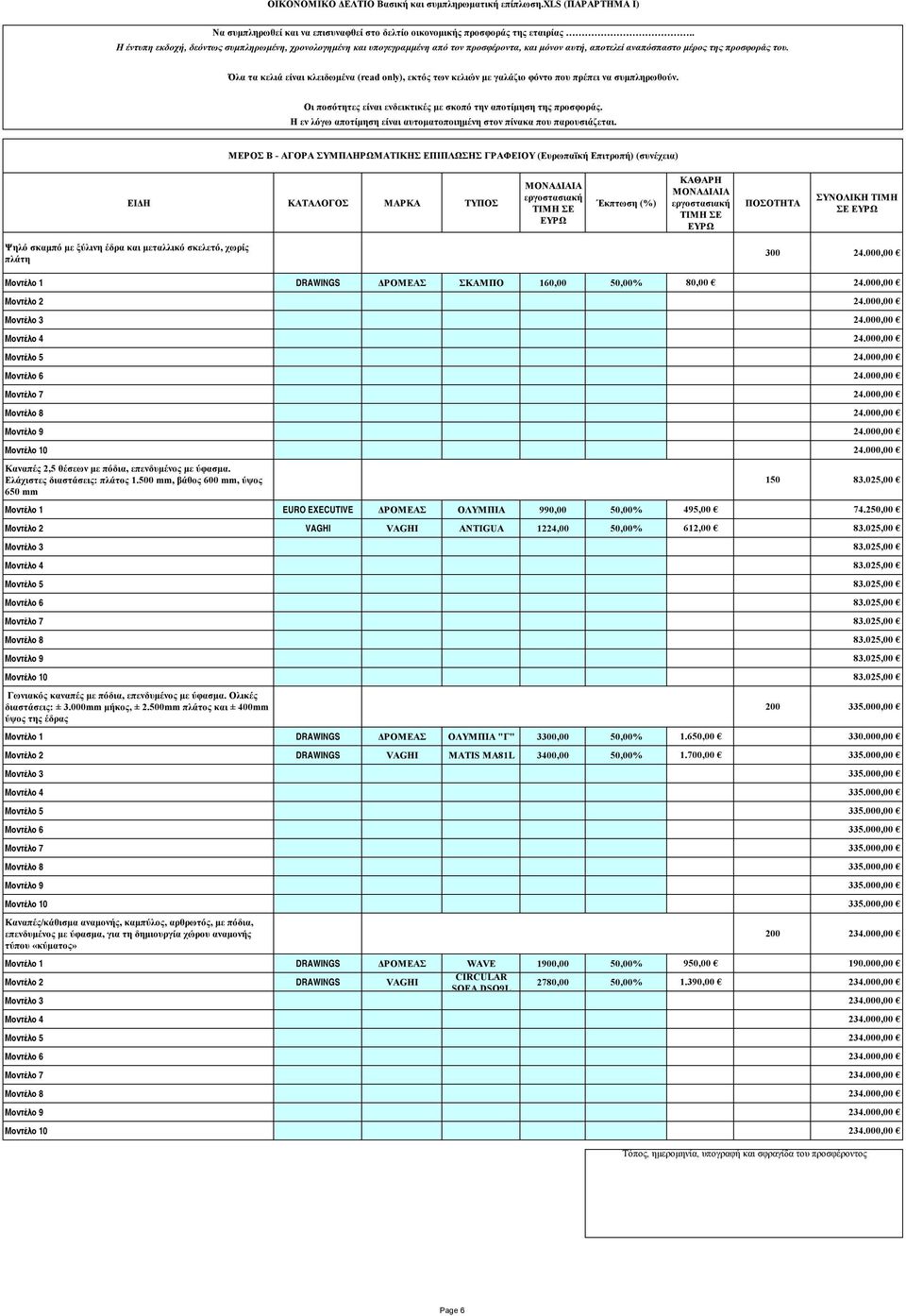 500 mm, βάθος 600 mm, ύψος 650 mm 150 83.025,00 Μοντέλο 1 EURO EXECUTIVE ΔΡΟΜΕΑΣ ΟΛΥΜΠΙΑ 990,00 50,00% 495,00 74.250,00 Μοντέλο 2 VAGHI VAGHI ANTIGUA 1224,00 50,00% 612,00 83.025,00 Μοντέλο 3 83.