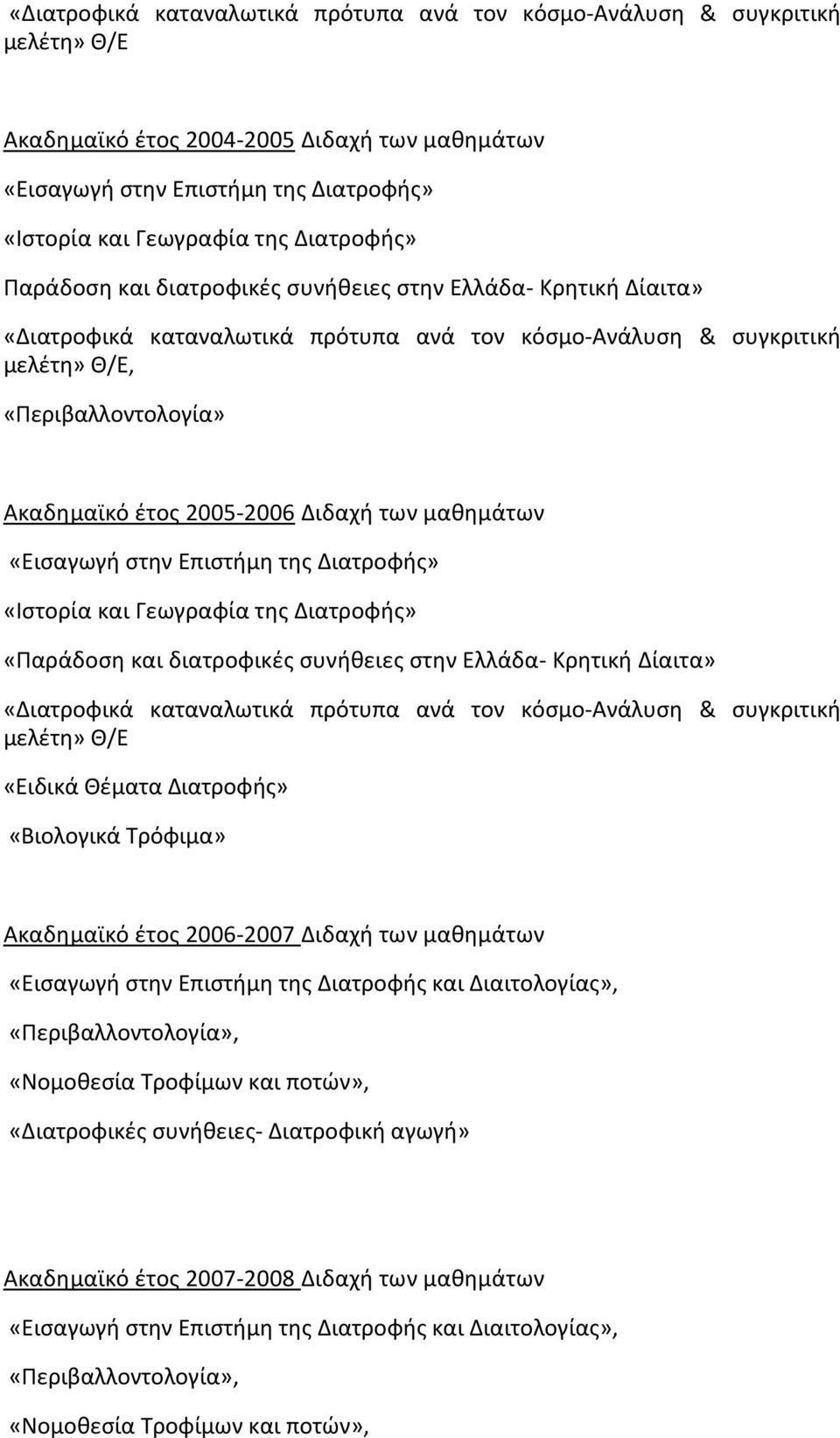 2005-2006 Διδαχή των μαθημάτων «Εισαγωγή στην Επιστήμη της Διατροφής» «Ιστορία και Γεωγραφία της Διατροφής» «Παράδοση και διατροφικές συνήθειες στην Ελλάδα- Κρητική Δίαιτα» «Διατροφικά καταναλωτικά