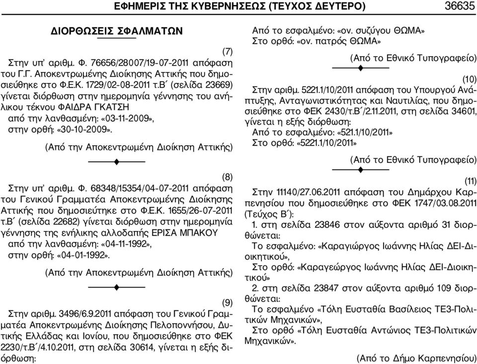 (Από την Αποκεντρωμένη Διοίκηση Αττικής) (8) Στην υπ αριθμ. Φ. 68348/15354/04 07 2011 απόφαση του Γενικού Γραμματέα Αποκεντρωμένης Διοίκησης Αττικής που δημοσιεύτηκε στο Φ.Ε.Κ. 1655/26 07 2011 τ.