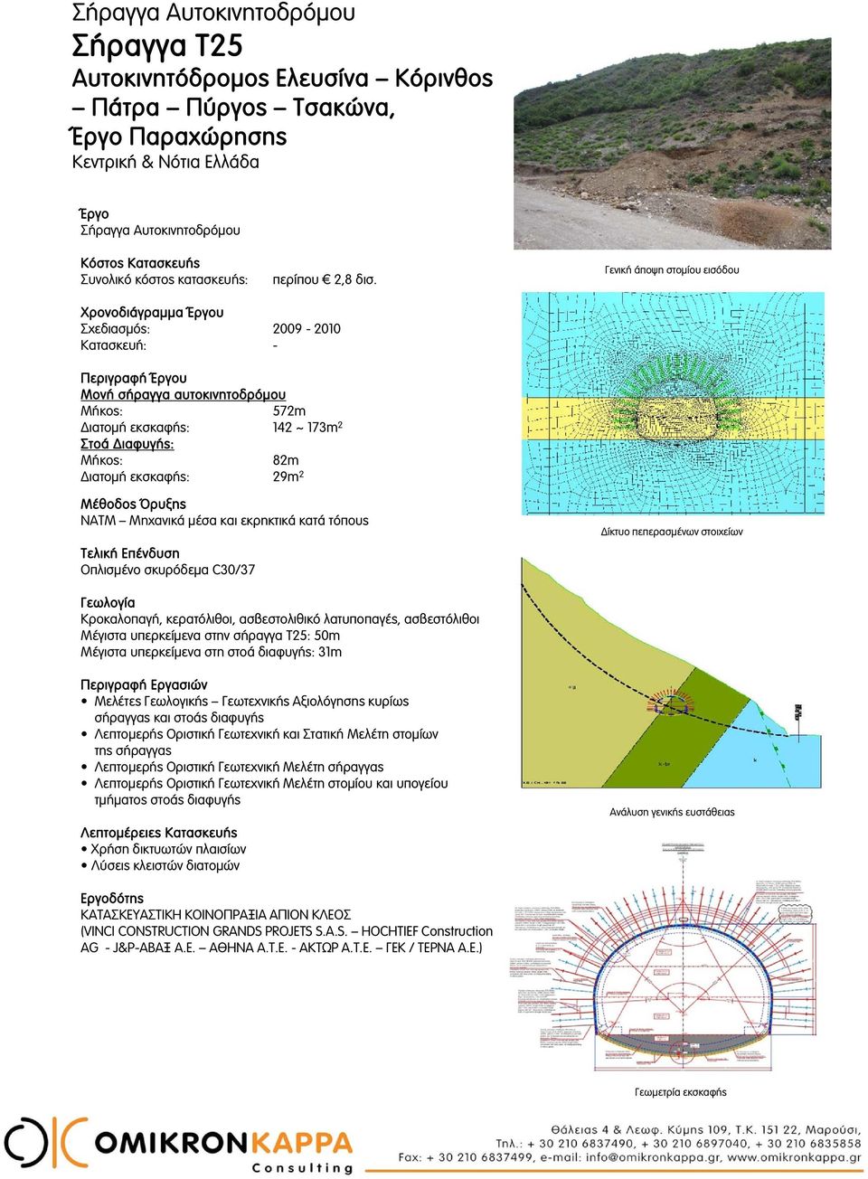 εκσκαφής: 29m 2 Μέθοδος Όρυξης NATM Μηχανικά μέσα και εκρηκτικά κατά τόπους Τελική Επένδυση Οπλισμένο σκυρόδεμα C30/37 Δίκτυο πεπερασμένων στοιχείων Κροκαλοπαγή, κερατόλιθοι, ασβεστολιθικό