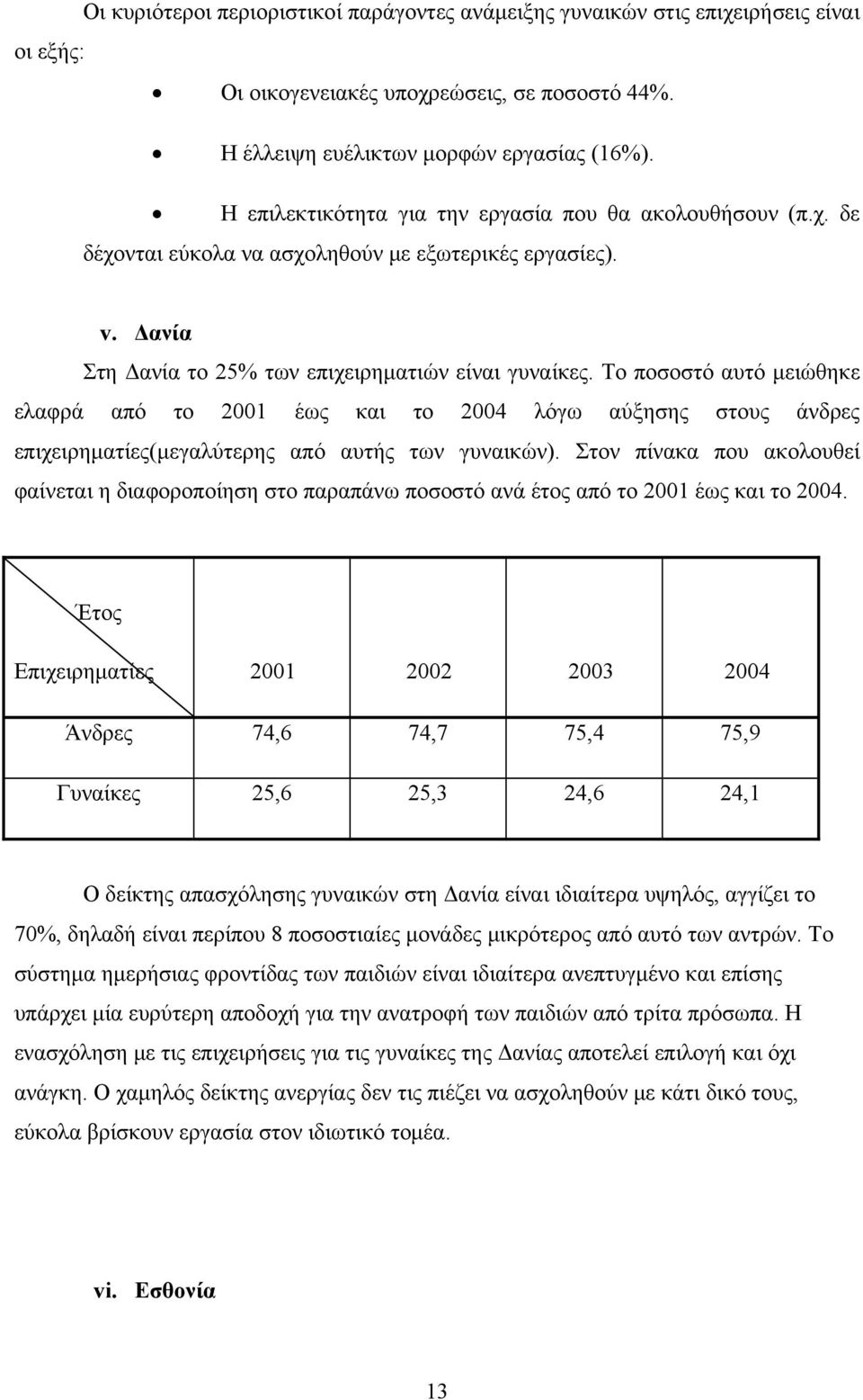 Το ποσοστό αυτό μειώθηκε ελαφρά από το 2001 έως και το 2004 λόγω αύξησης στους άνδρες επιχειρηματίες(μεγαλύτερης από αυτής των γυναικών).