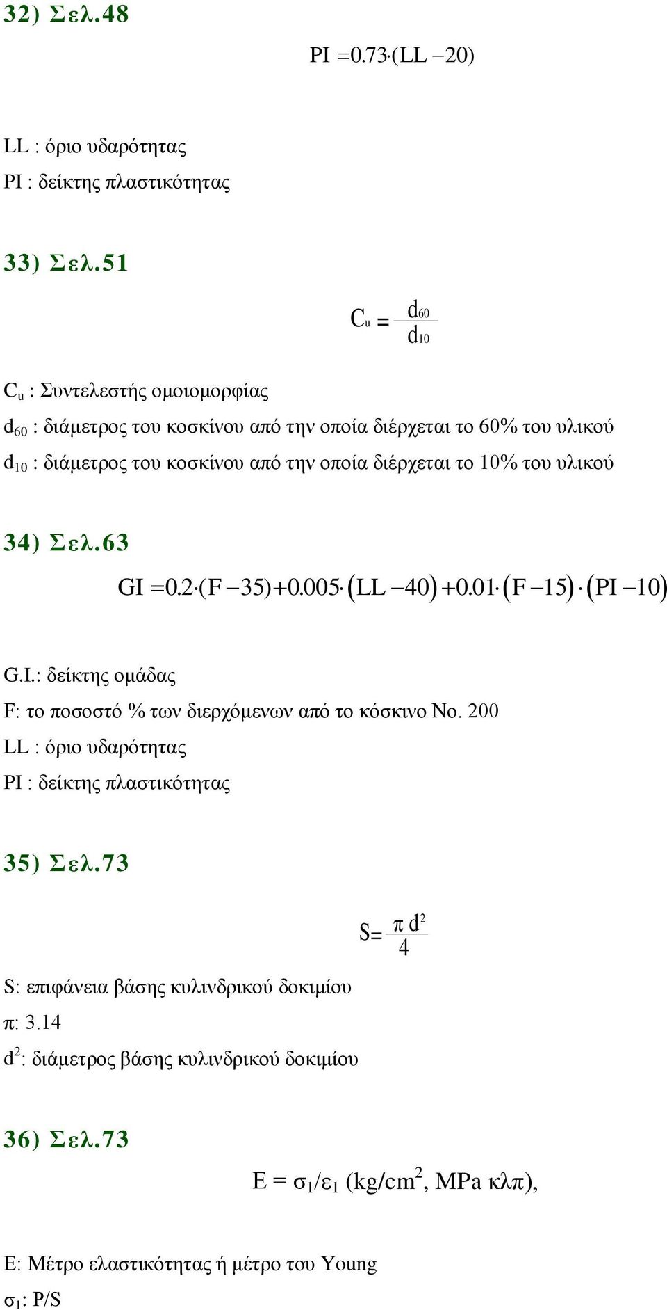 διέρχεται το 10% του υλικού 34) Σελ.63 ( ) ( ) ( ) GI 0. ( F 35) + 0. 005 LL 40 + 0. 01 F 15 PI 10 G.I.: δείκτης ομάδας F: το ποσοστό % των διερχόμενων από το κόσκινο Νο.