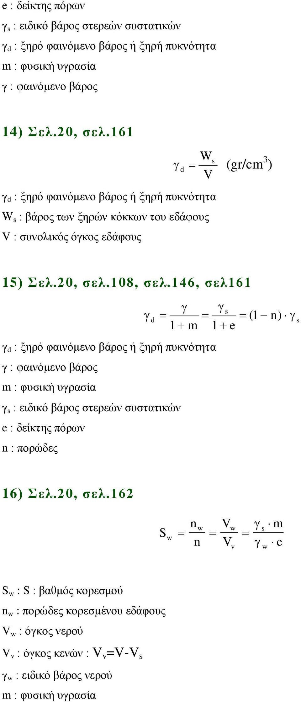 146, σελ161 γ γ γ 1 + m 1 + e s d (1 n) γ d : ξηρό φαινόμενο βάρος ή ξηρή πυκνότητα γ : φαινόμενο βάρος m : φυσική υγρασία γ s : ειδικό βάρος στερεών συστατικών e : δείκτης