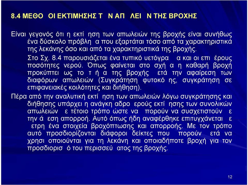 Όπως φαίνεται στο σχήμα η καθαρή βροχή προκύπτει ως το τμήμα της βροχής μετά την αφαίρεση των διαφόρων απωλειών (Συγκράτηση φυτοκόμης, συγκράτηση σε επιφανειακές κοιλότητες και διήθηση).