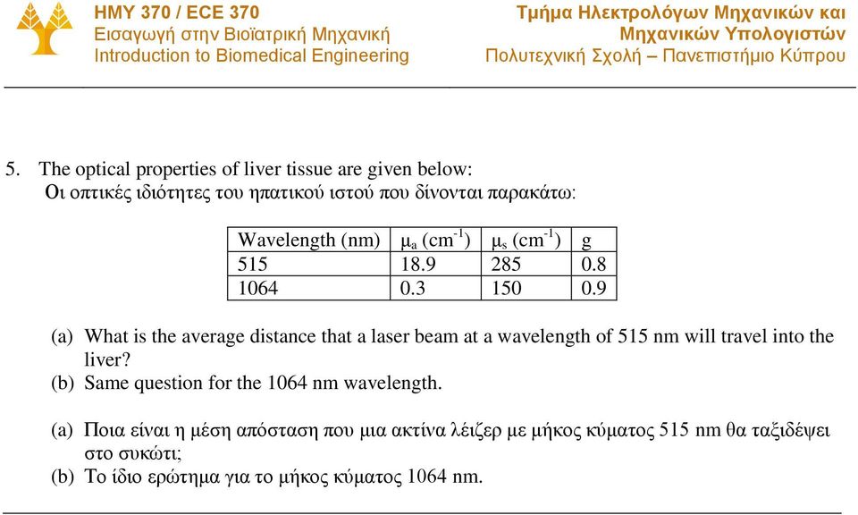 9 (a) What is the average distance that a laser beam at a wavelength of 55 nm will travel into the liver?