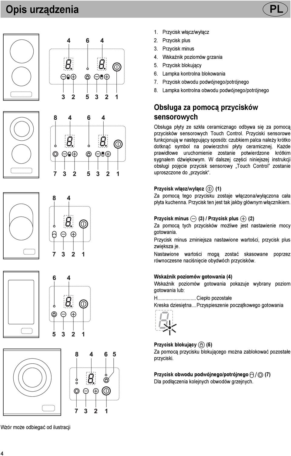 Lampka kontrolna obwodu podwójnego/potrójnego Obsługa za pomocą przycisków sensorowych Obsługa płyty ze szkła ceramicznago odbywa się za pomocą przycisków sensorowych Touch Control.