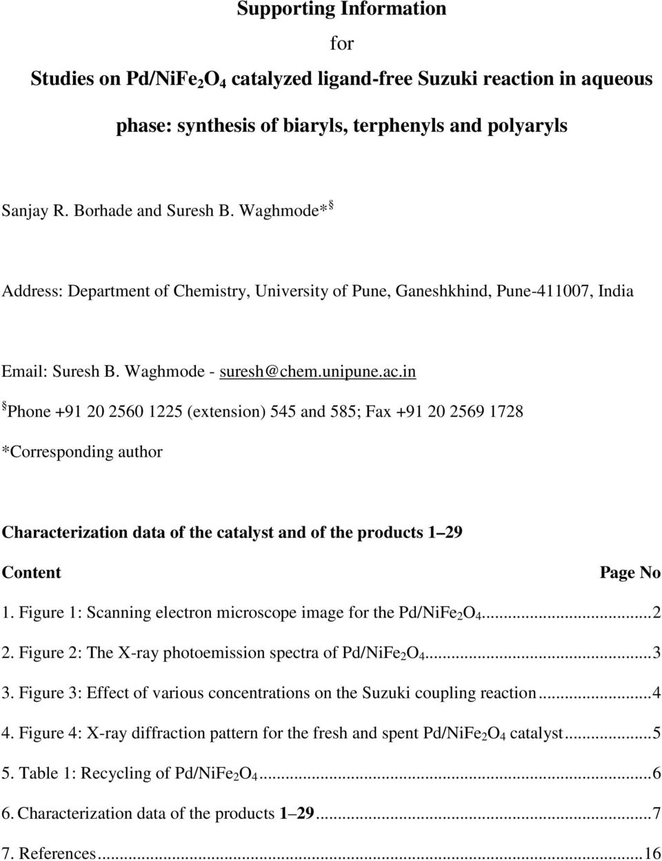 in Phone +91 20 2560 1225 (extension) 545 and 585; Fax +91 20 2569 1728 *Corresponding author Characterization data of the catalyst and of the products 1 29 Content Page No 1.