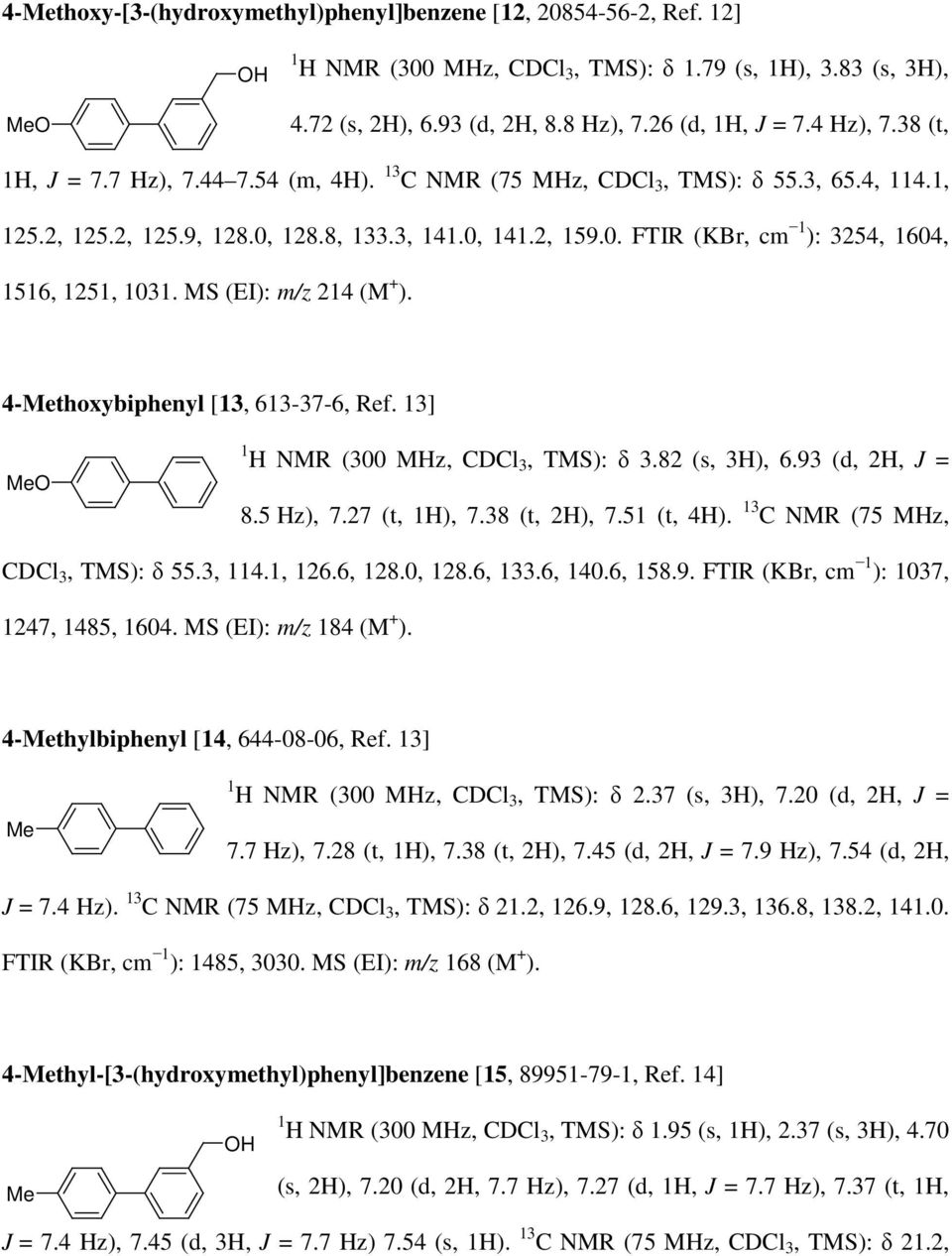 MS (EI): m/z 214 (M + ). 4-Methoxybiphenyl [13, 613-37-6, Ref. 13] MeO 1 H NMR (300 MHz, CDCl 3, TMS): δ 3.82 (s, 3H), 6.93 (d, 2H, J = 8.5 Hz), 7.27 (t, 1H), 7.38 (t, 2H), 7.51 (t, 4H).