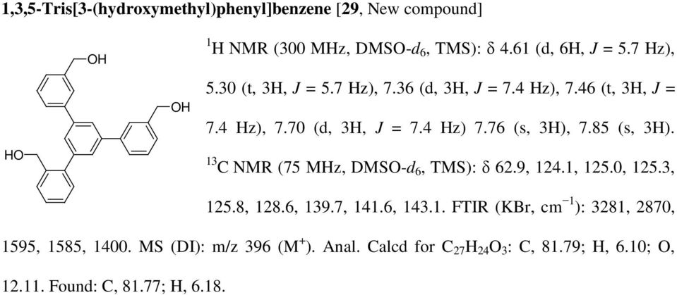 13 C NMR (75 MHz, DMSO-d 6, TMS): δ 62.9, 124.1, 125.0, 125.3, 125.8, 128.6, 139.7, 141.6, 143.1. FTIR (KBr, cm 1 ): 3281, 2870, 1595, 1585, 1400.