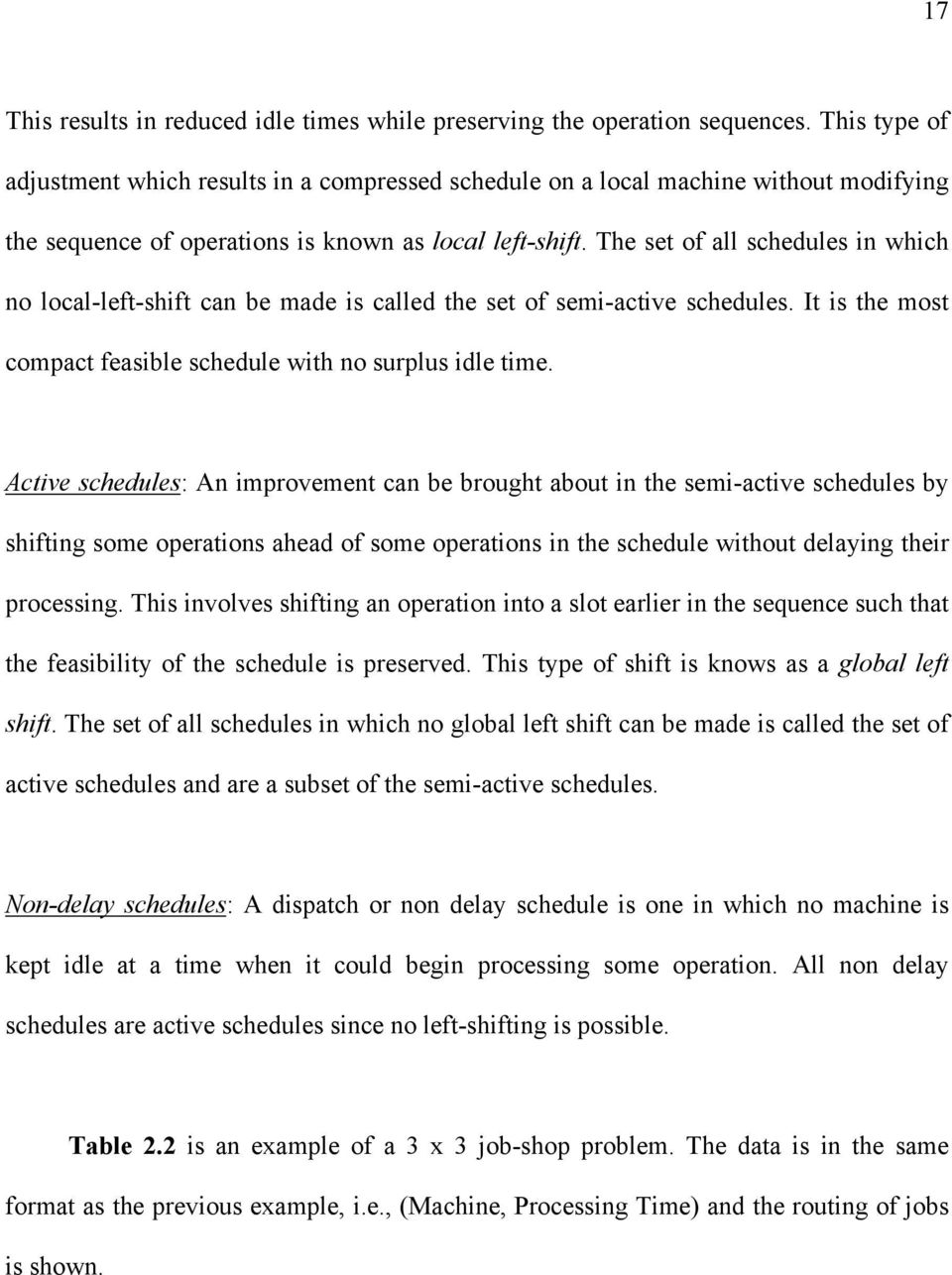 The set of all schedules in which no local-left-shift can be made is called the set of semi-active schedules. It is the most compact feasible schedule with no surplus idle time.
