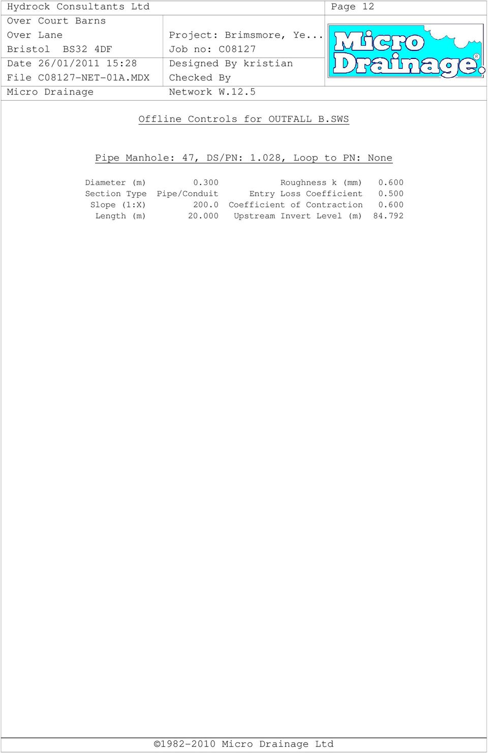 600 Section Type Pipe/Conduit Entry Loss Coefficient 0.