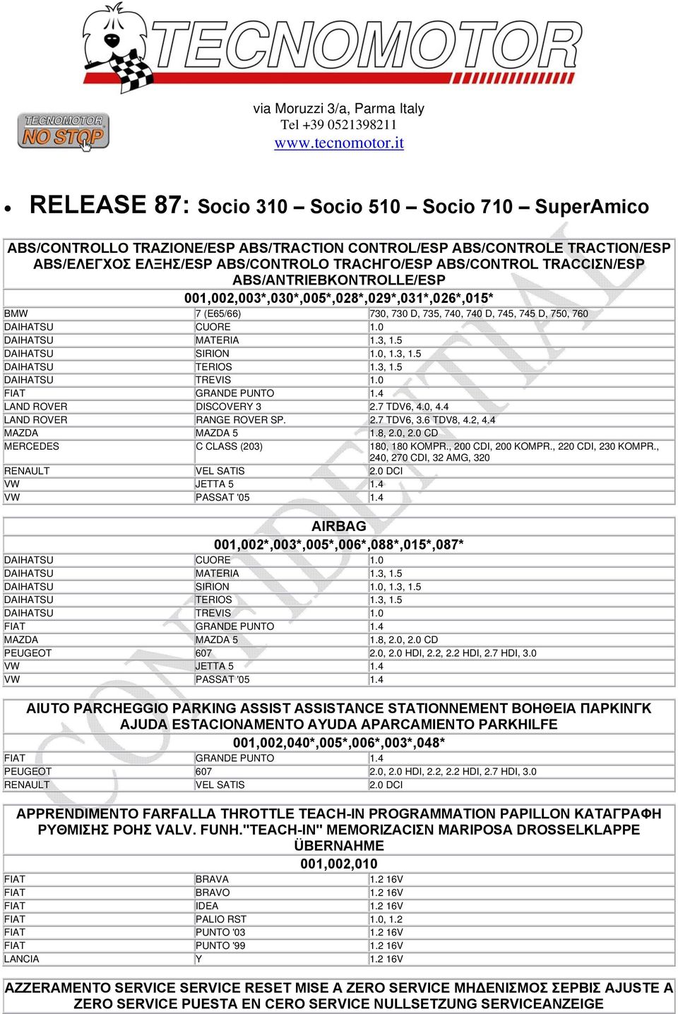 TRACCIΣN/ESP ABS/ANTRIEBKONTROLLE/ESP 001,002,003*,030*,005*,028*,029*,031*,026*,015* BMW 7 (E65/66) 730, 730 D, 735, 740, 740 D, 745, 745 D, 750, 760 DAIHATSU CUORE 1.0 DAIHATSU MATERIA 1.3, 1.