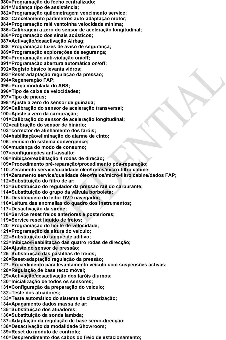 segurança; 089=Programação explorações de segurança; 090=Programação anti-violação on/off; 091=Programação abertura automática on/off; 092=Registo básico levanta vidros; 093=Reset-adaptação regulação