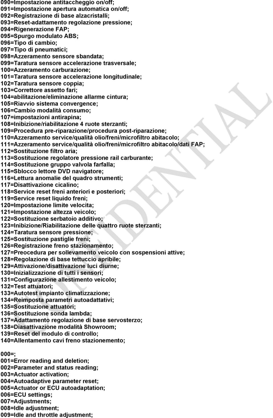 sensore accelerazione longitudinale; 102=Taratura sensore coppia; 103=Correttore assetto fari; 104=abilitazione/eliminazione allarme cintura; 105=Riavvio sistema convergence; 106=Cambio modalità