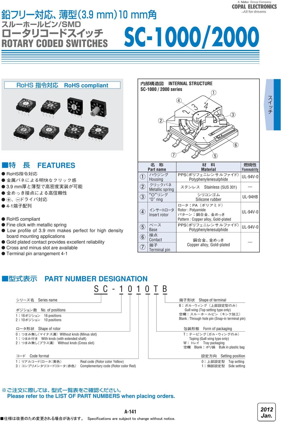 Metallic spring O ring Insert rotor Base Contact Terminal pin 7 5 Material Flammability UL-94V-0 Polyphenylenesulphide Stainless (SUS 30) Silicone rubber Rotor : Polyamide Pattern : Copper alloy,