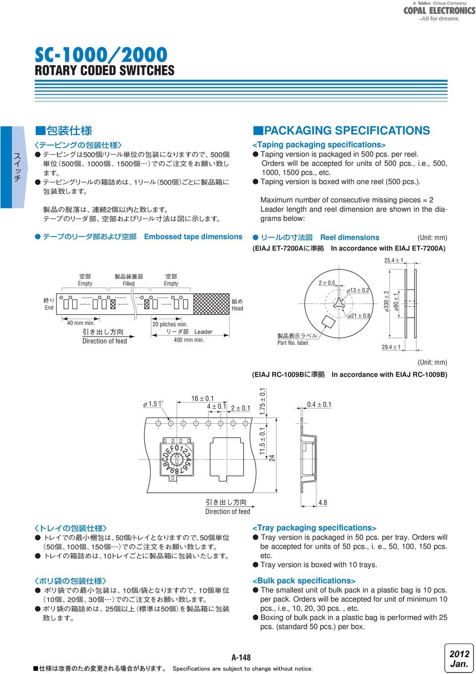 Maximum number of consecutive missing pieces = 2 Leader length and reel dimension are shown in the diagrams below: Embossed tape dimensions Reel dimensions (Unit: mm) (EIAJ ET-7200AIn accordance with