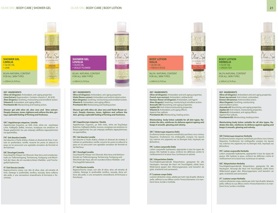 Vitamin E: Antioxidant,anti-aging effects. Shower gel with olive oil, aloe vera and lime extract.