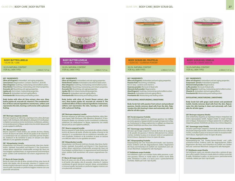 Jojoba oil: Anti-irritant, moisturizing properties. Body butter with olive oil, lime extract, aloe vera,shea butter jojoba oil, avocado oil, vitamin E.