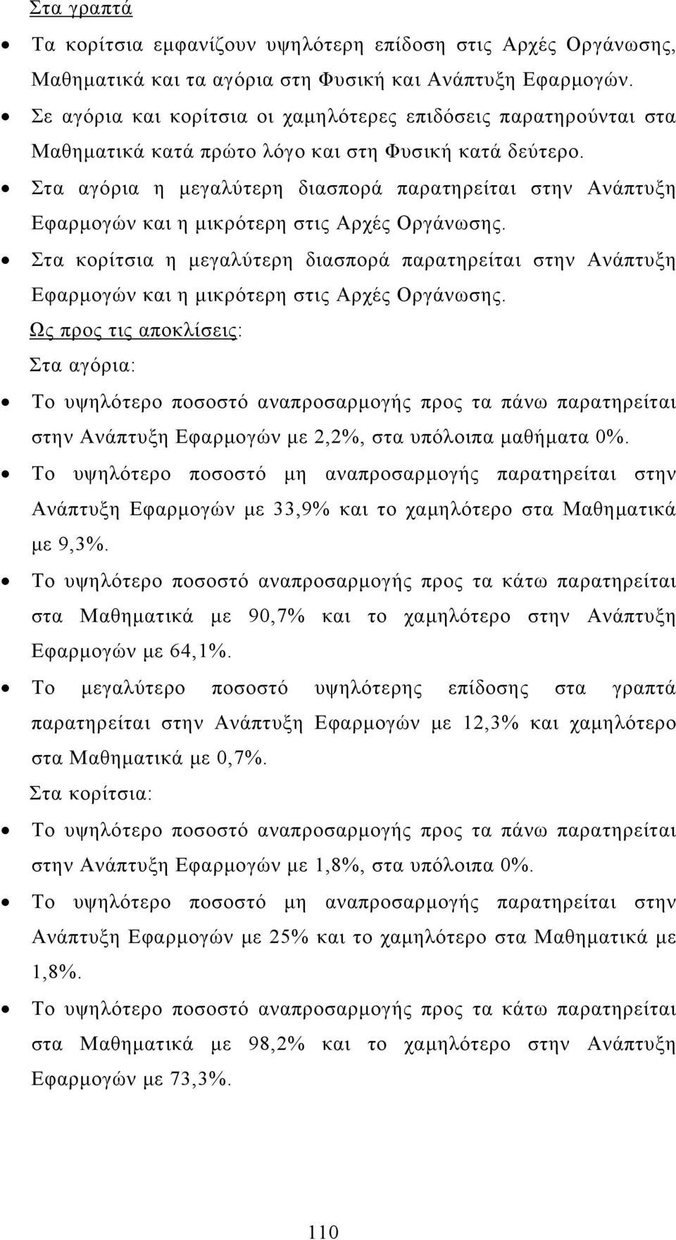 Στα αγόρια η μεγαλύτερη διασπορά παρατηρείται στην Ανάπτυξη Εφαρμογών και η μικρότερη στις Αρχές Οργάνωσης.