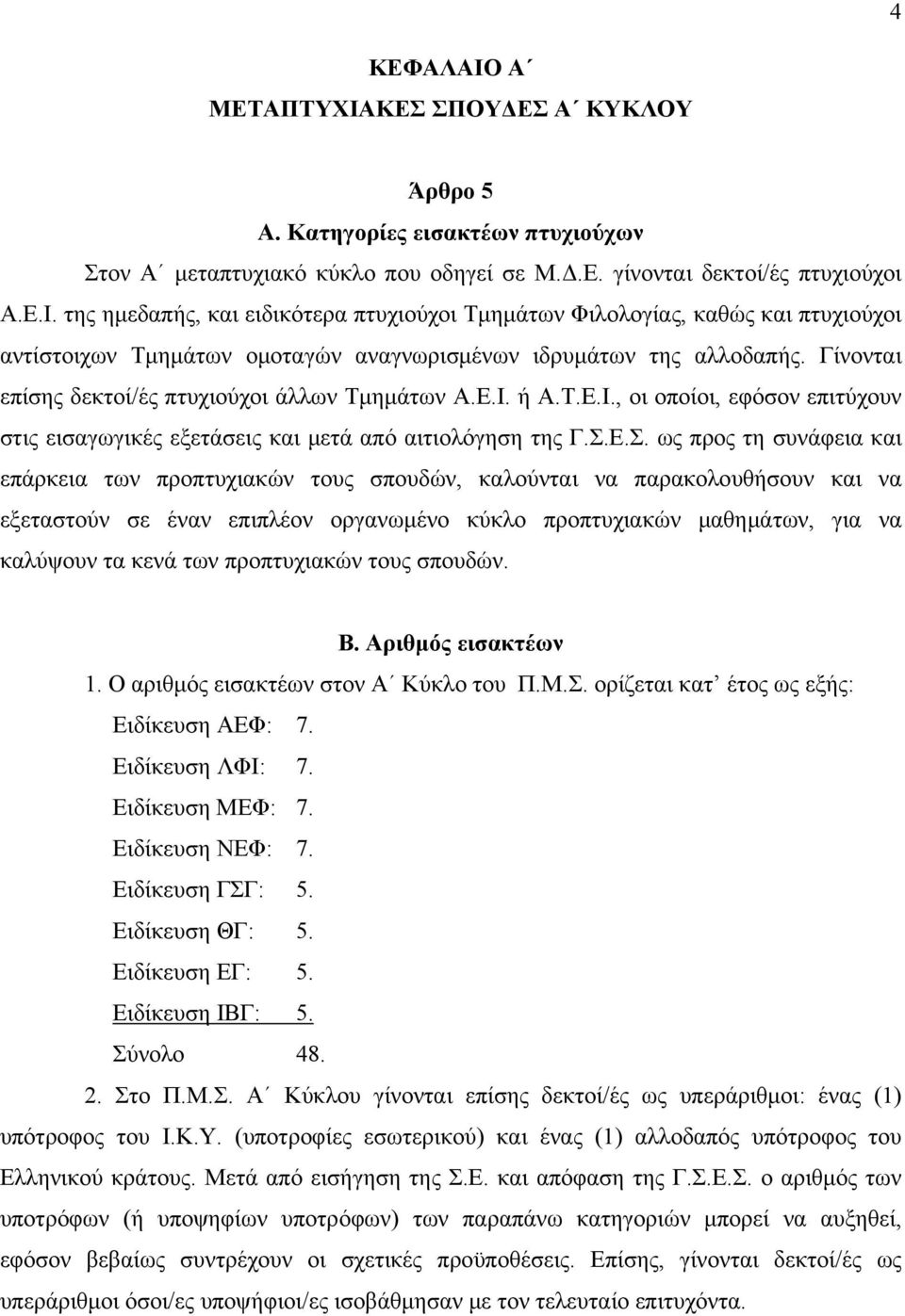 Γίνονται επίσης δεκτοί/ές πτυχιούχοι άλλων Τμημάτων Α.Ε.Ι. ή Α.Τ.Ε.Ι., οι οποίοι, εφόσον επιτύχουν στις εισαγωγικές εξετάσεις και μετά από αιτιολόγηση της Γ.Σ.