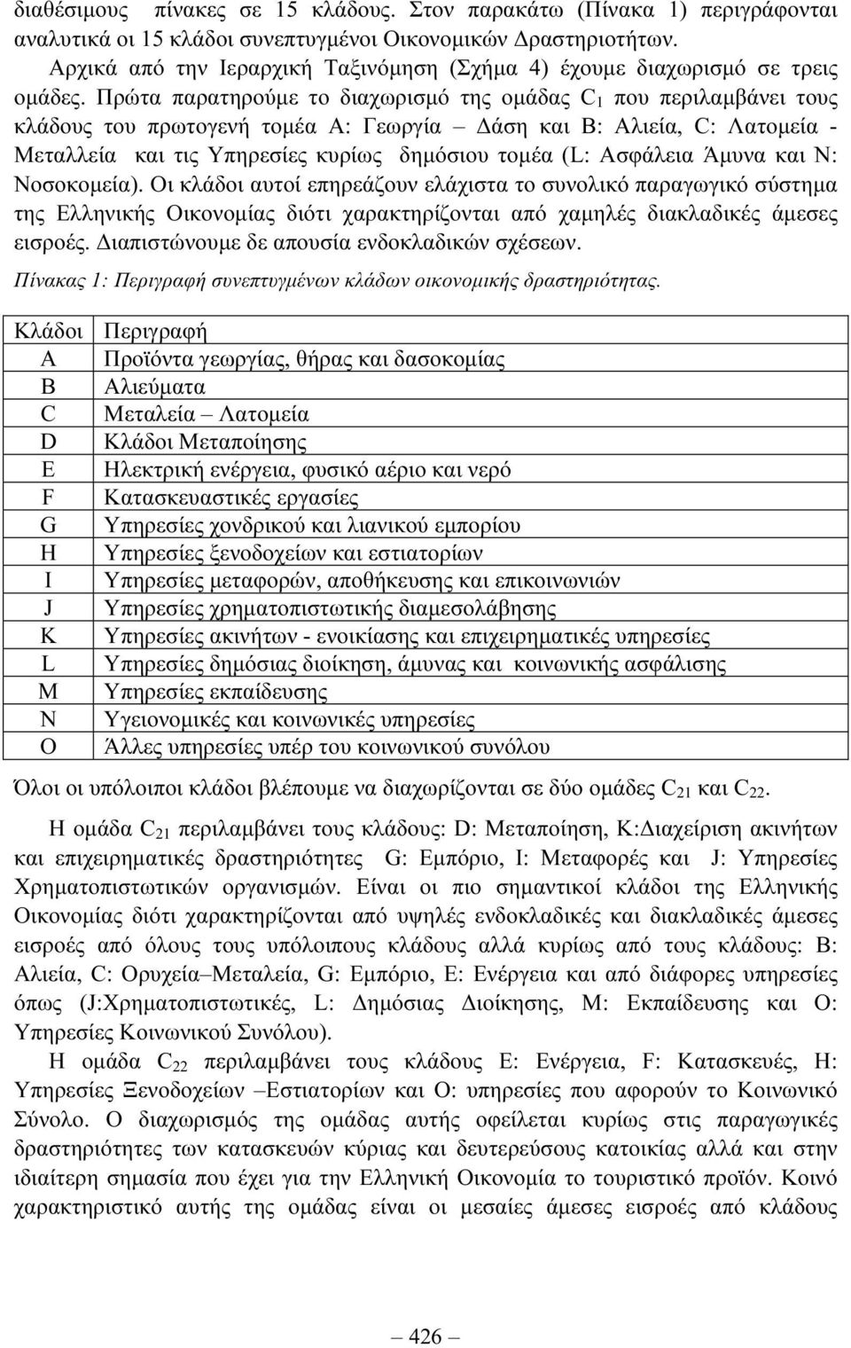 Πρώτα παρατηρούµε το διαχωρισµό της οµάδας C 1 που περιλαµβάνει τους κλάδους του πρωτογενή τοµέα Α: Γεωργία άση και Β: Αλιεία, C: Λατοµεία - Μεταλλεία και τις Υπηρεσίες κυρίως δηµόσιου τοµέα (L: