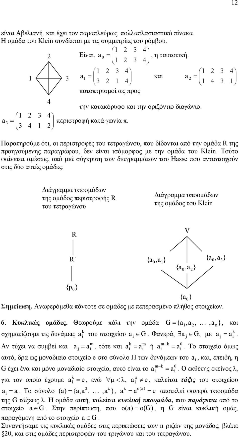 αµέσως, από µιά σύγκριση των διαγραµµάτων του Hsse που αντιστοιχούν στις δύο αυτές οµάδες: ιάγραµµα υποοµάδων της οµάδος περιστροφής R του τετραγώνου ιάγραµµα υποοµάδων της οµάδος του Kle R V R { 0,