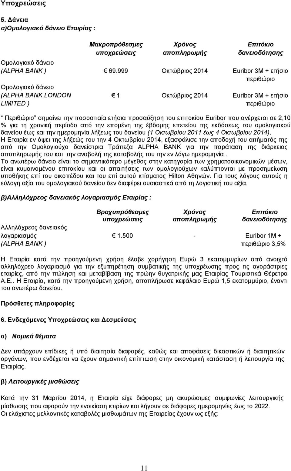 επιτοκίου Euribor που ανέρχεται σε 2,10 % για τη χρονική περίοδο από την επομένη της έβδομης επετείου της εκδόσεως του ομολογιακού δανείου έως και την ημερομηνία λήξεως του δανείου (1 Οκτωβρίου 2011