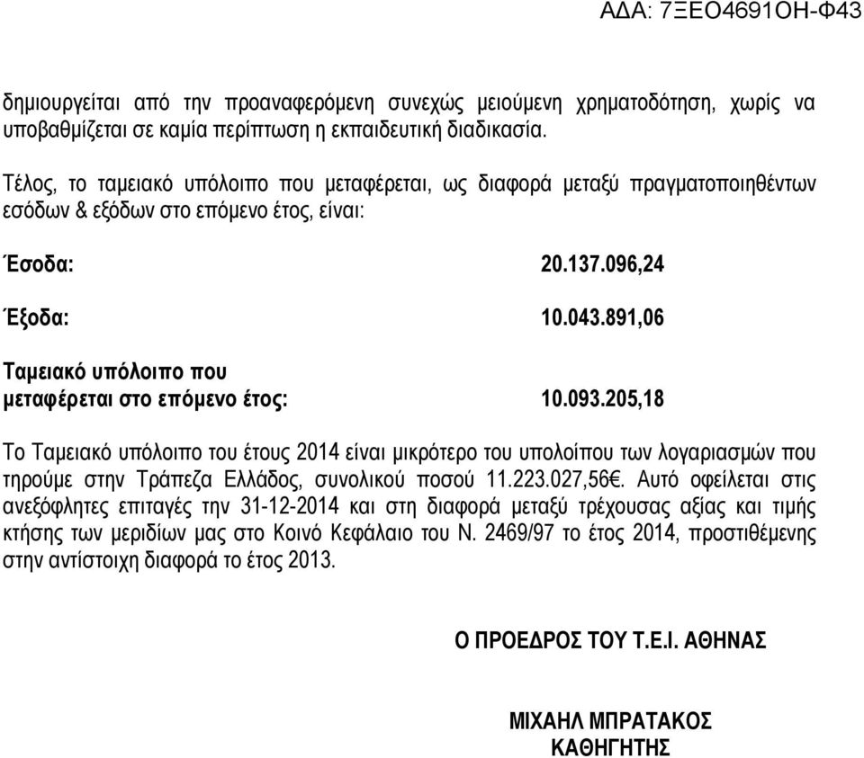 891,06 Ταμειακό υπόλοιπο που μεταφέρεται στο επόμενο έτος: 10.093.