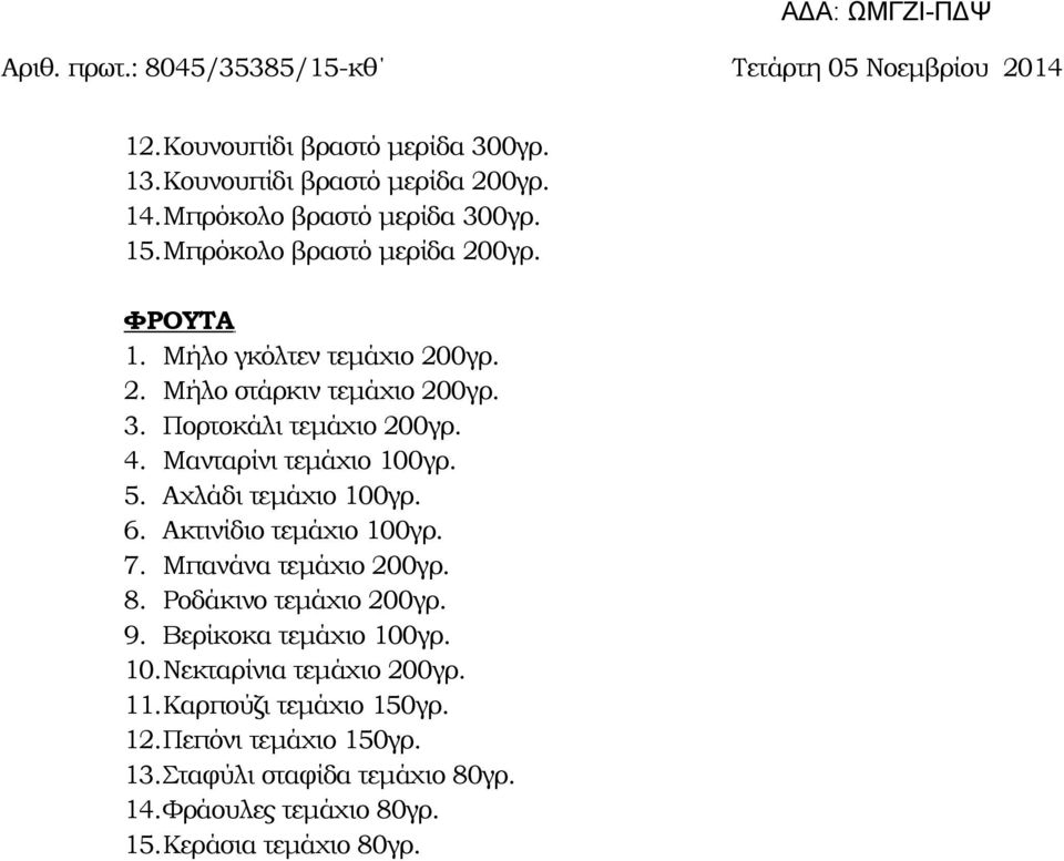 Αχλάδι τεμάχιο 100γρ. 6. Ακτινίδιο τεμάχιο 100γρ. 7. Μπανάνα τεμάχιο 200γρ. 8. Ροδάκινο τεμάχιο 200γρ. 9. Βερίκοκα τεμάχιο 100γρ. 10.Νεκταρίνια τεμάχιο 200γρ.