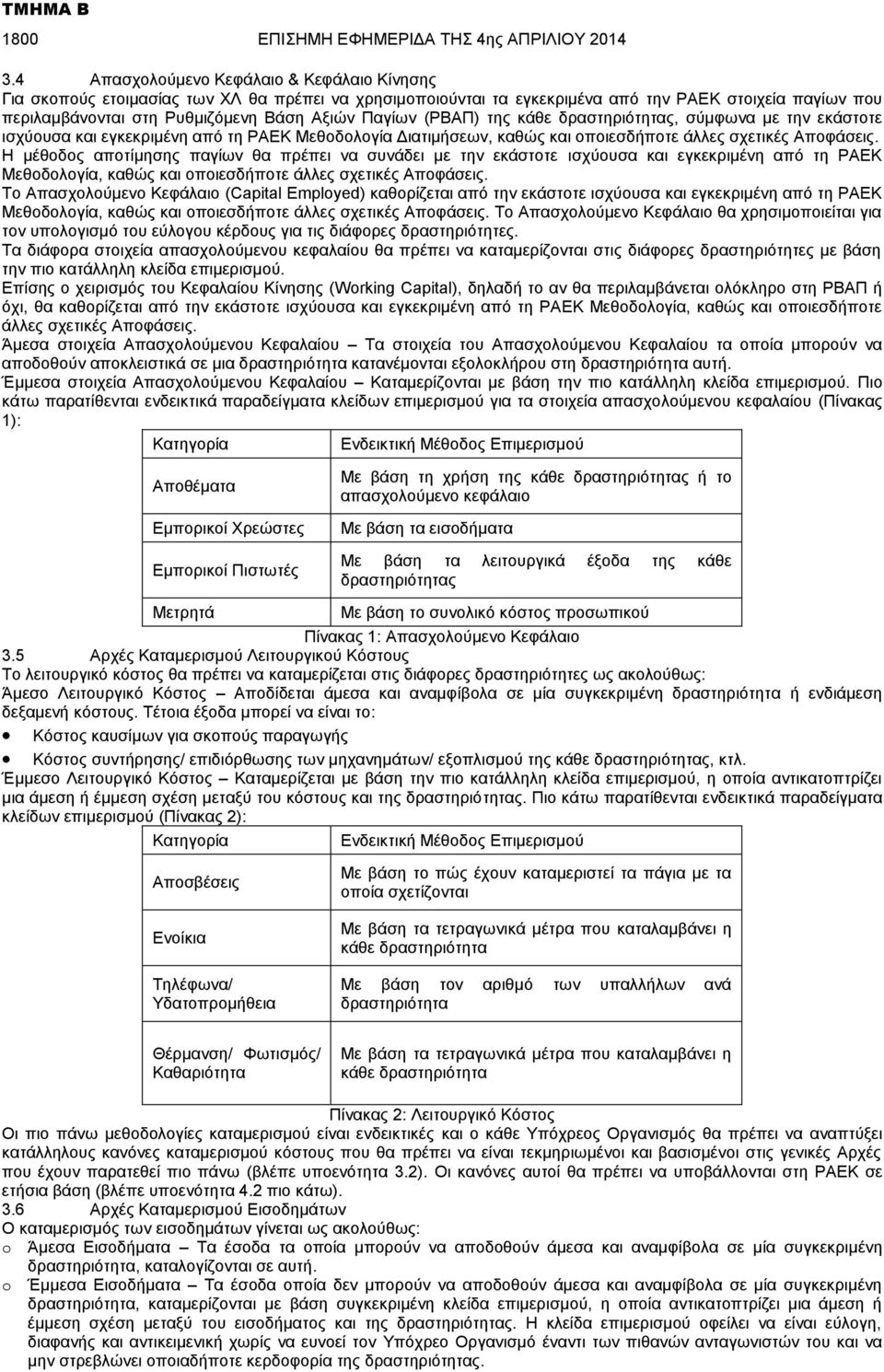 Παγίων (ΡΒΑΠ) της κάθε δραστηριότητας, σύμφωνα με την εκάστοτε ισχύουσα και εγκεκριμένη από τη ΡΑΕΚ Μεθοδολογία Διατιμήσεων, καθώς και οποιεσδήποτε άλλες σχετικές Αποφάσεις.