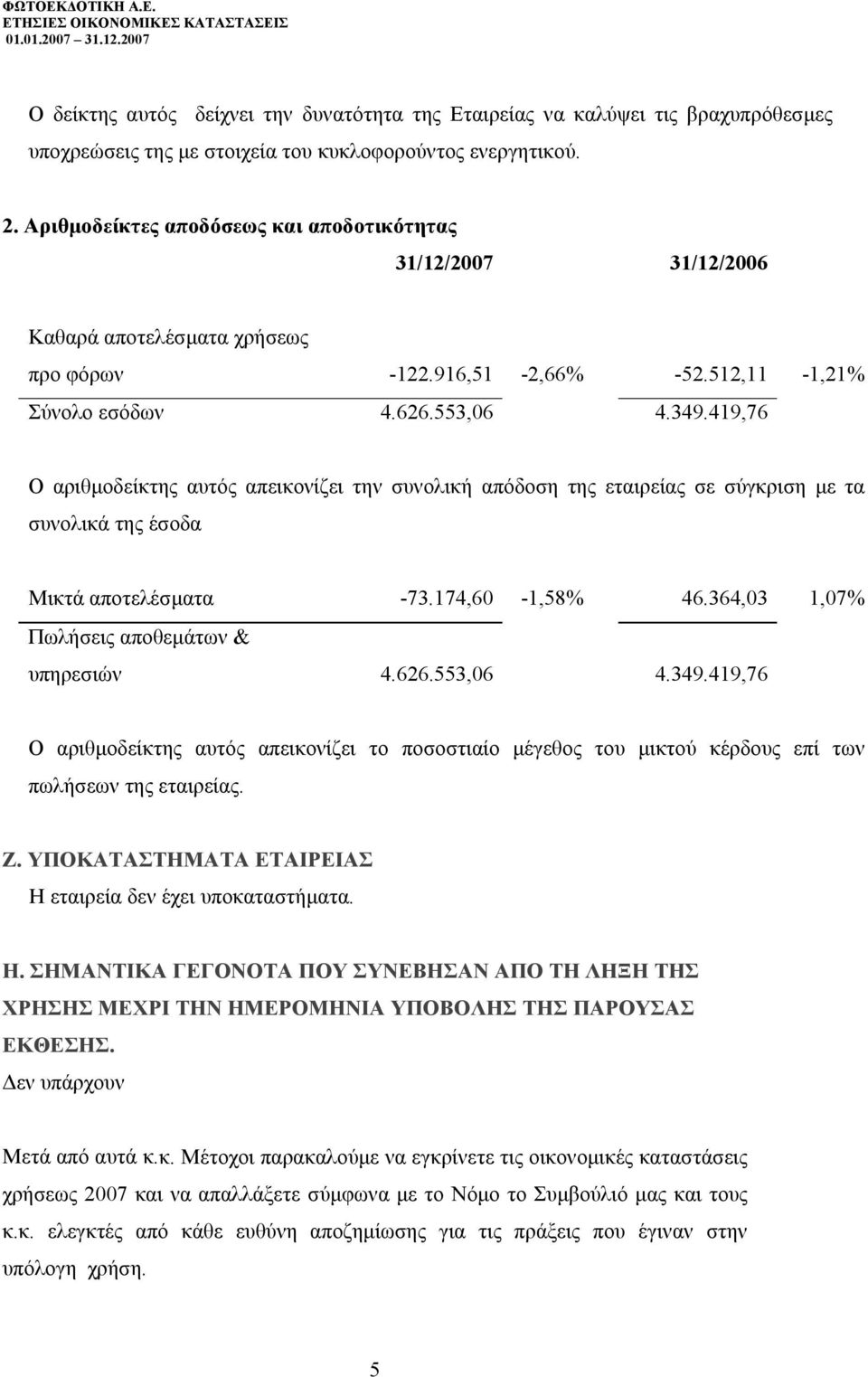 419,76 Ο αριθµοδείκτης αυτός απεικονίζει την συνολική απόδοση της εταιρείας σε σύγκριση µε τα συνολικά της έσοδα Μικτά αποτελέσµατα -73.174,60-1,58% 46.364,03 1,07% Πωλήσεις αποθεµάτων & υπηρεσιών 4.