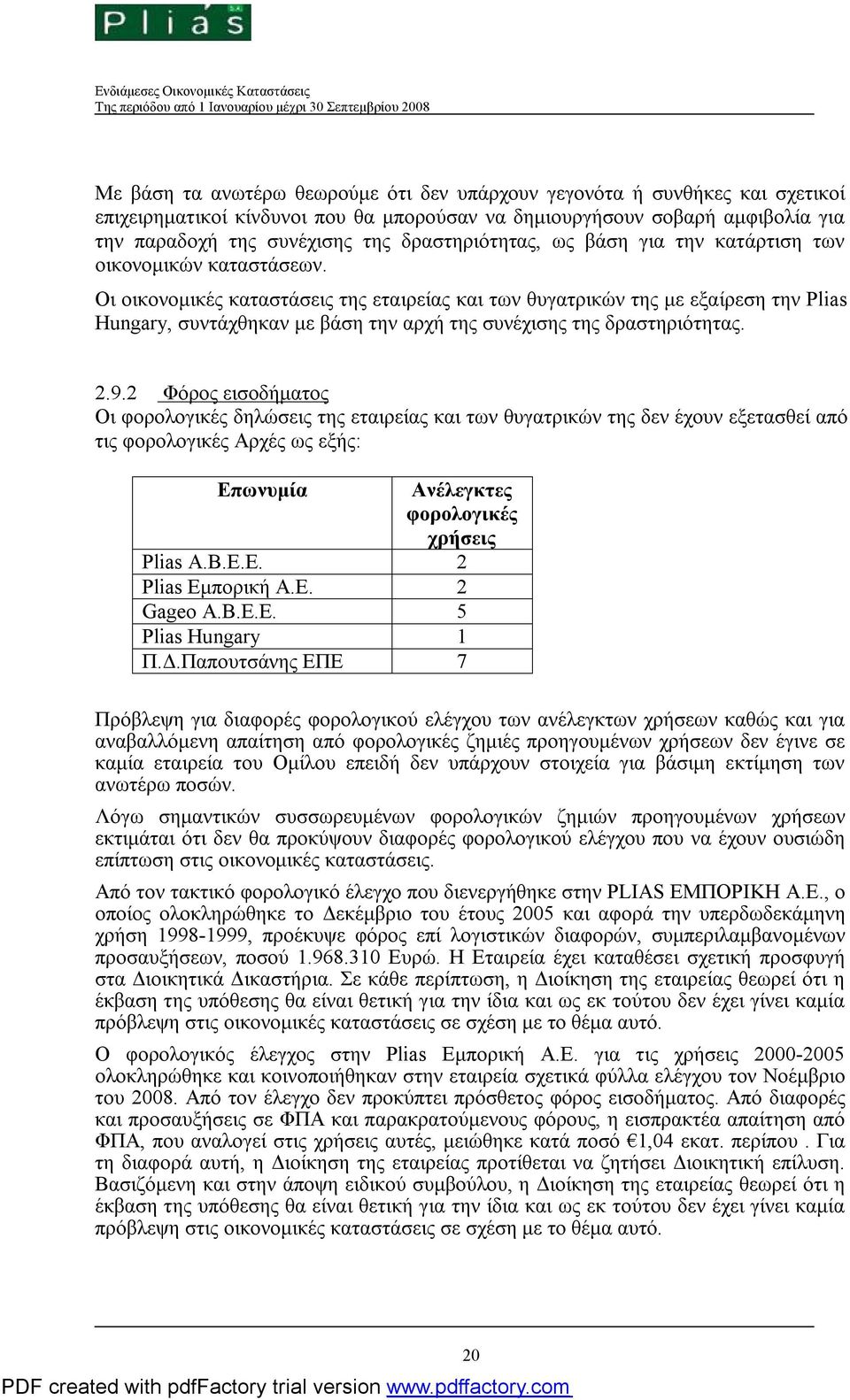 Οι οικονομικές καταστάσεις της εταιρείας και των θυγατρικών της με εξαίρεση την Plias Hungary, συντάχθηκαν με βάση την αρχή της συνέχισης της δραστηριότητας. 2.9.