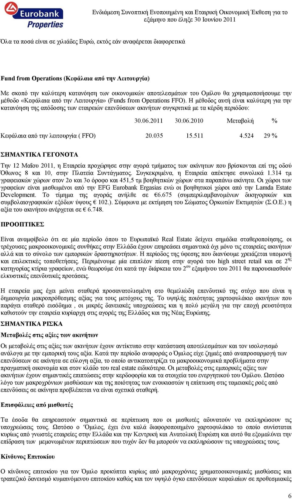 2011 30.06.2010 Μεταβoλή % Κεφάλαια από την λειτουργία ( FFO) 20.035 15.511 4.