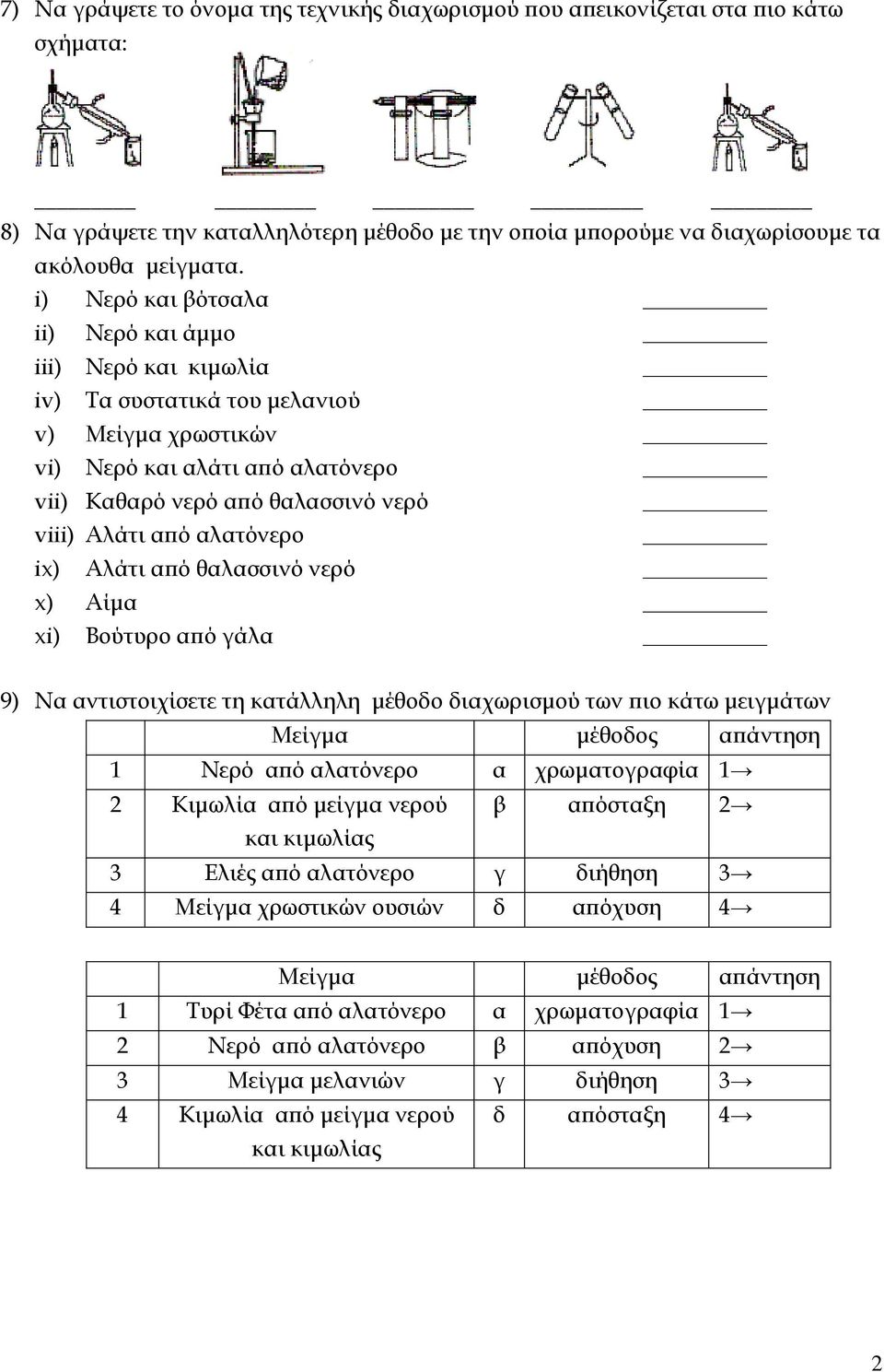 αλατόνερο ix) Αλάτι από θαλασσινό νερό x) Αίμα xi) Βούτυρο από γάλα 9) Να αντιστοιχίσετε τη κατάλληλη μέθοδο διαχωρισμού των πιο κάτω μειγμάτων Μείγμα μέθοδος απάντηση 1 Νερό από αλατόνερο α