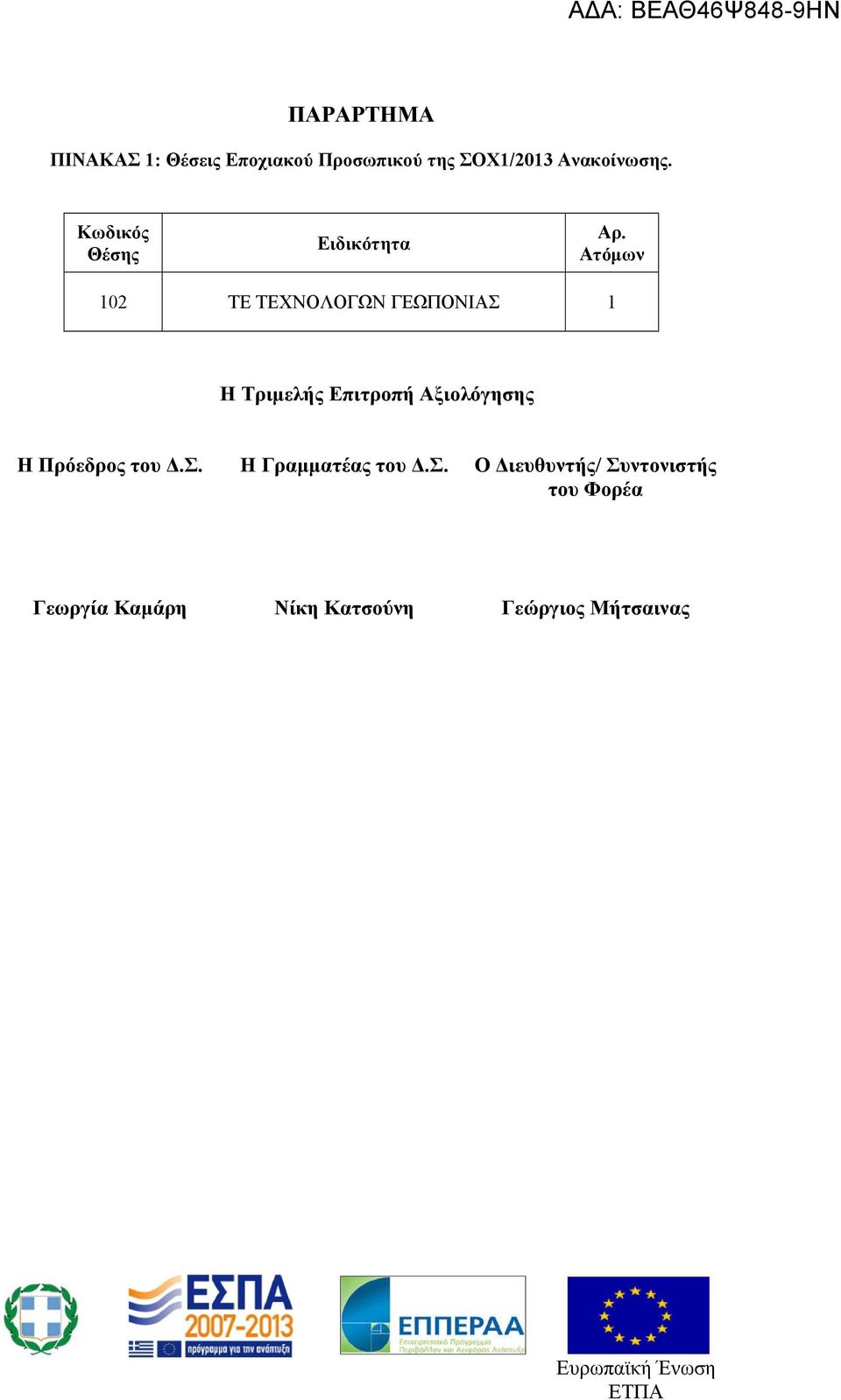 Ατόμων 102 ΤΕ ΤΕΧΝΟΛΟΓΩΝ ΓΕΩΠΟΝΙΑΣ 1 Η Τριμελής Επιτροπή Αξιολόγησης