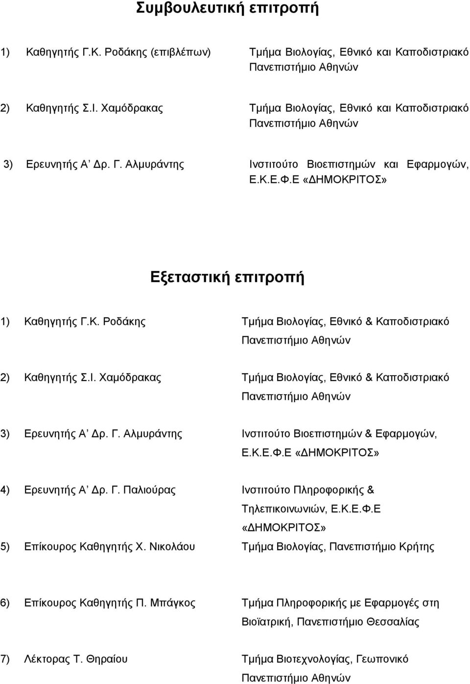 Ε «ΔΗΜΟΚΡΙΤΟΣ» Εξεταστική επιτροπή 1) Καθηγητής Γ.Κ. Ροδάκης Τμήμα Βιολογίας, Εθνικό & Καποδιστριακό Πανεπιστήμιο Αθηνών 2) Καθηγητής Σ.Ι. Χαμόδρακας Τμήμα Βιολογίας, Εθνικό & Καποδιστριακό Πανεπιστήμιο Αθηνών 3) Ερευνητής Α Δρ.