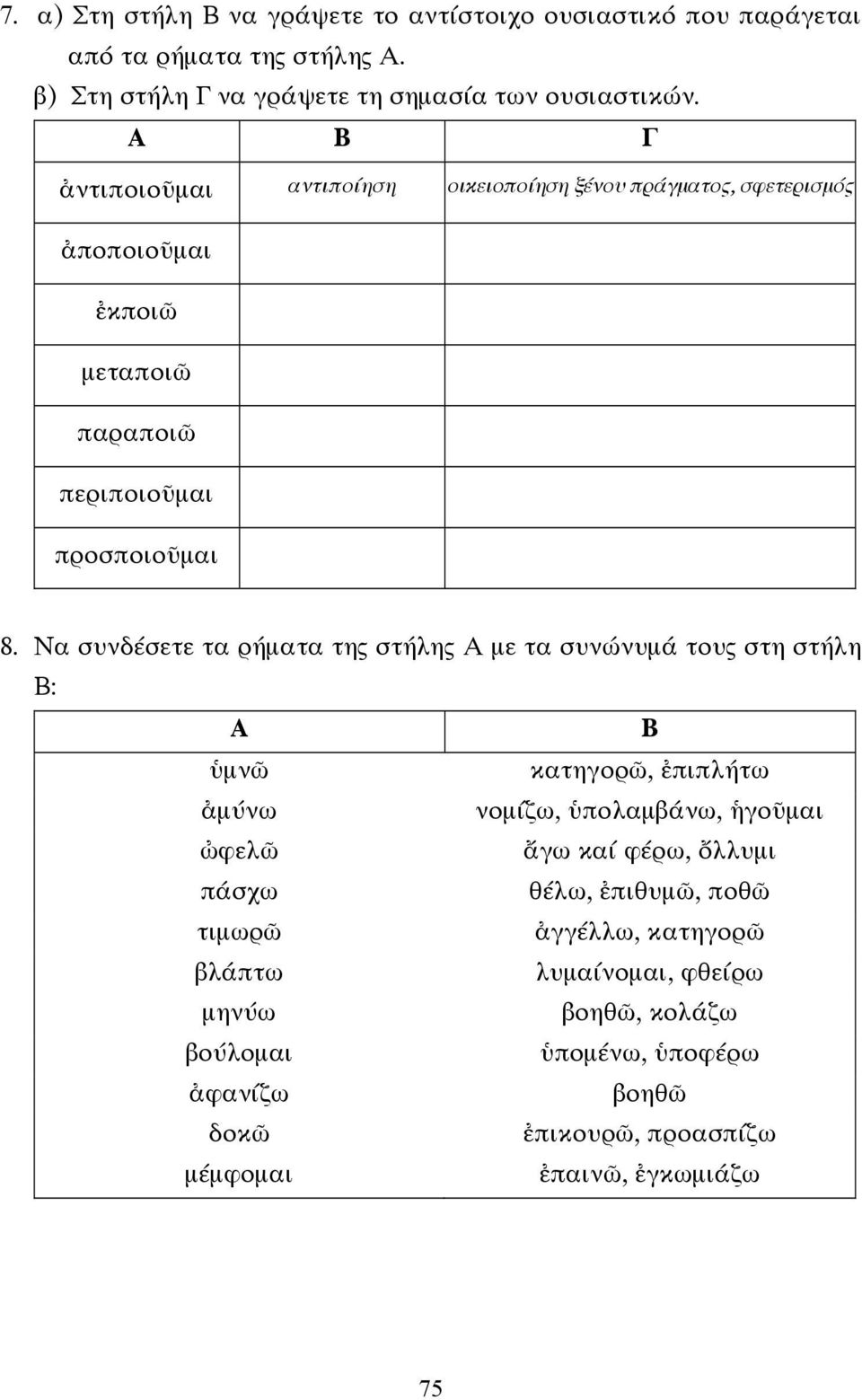 Να συνδέσετε τα ρήµατα της στήλης Α µε τα συνώνυµά τους στη στήλη Β: Α Β ὑµνῶ κατηγορῶ, ἐπιπλήτω ἀµύνω νοµίζω, ὑπολαµβάνω, ἡγοῦµαι ὠφελῶ ἄγω καί φέρω, ὄλλυµι