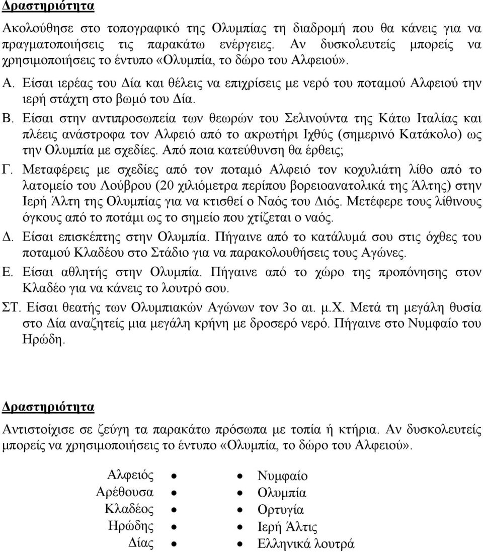 Είσαι στην αντιπροσωπεία των θεωρών του Σελινούντα της Κάτω Ιταλίας και πλέεις ανάστροφα τον Αλφειό από το ακρωτήρι Ιχθύς (σημερινό Κατάκολο) ως την Ολυμπία με σχεδίες.