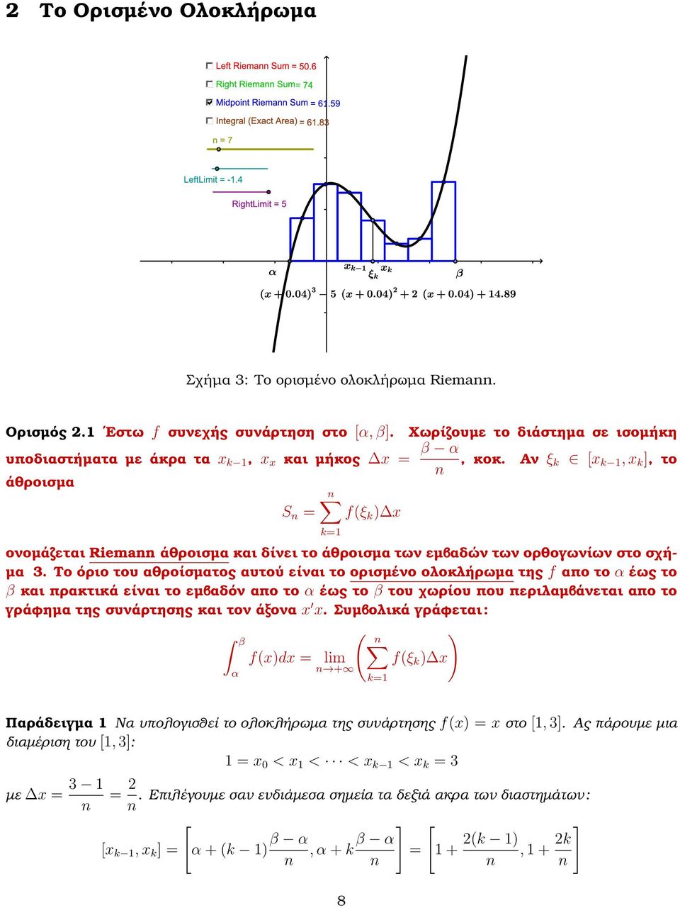 Το όριο του αθροίσµατος αυτού είναι το ορισµένο ολοκλήρωµα της f απο το α έως το β και πρακτικά είναι το εµβαδόν απο το α έως το β του χωρίου που περιλαµβάνεται απο το γράφηµα της συνάρτησης και τον